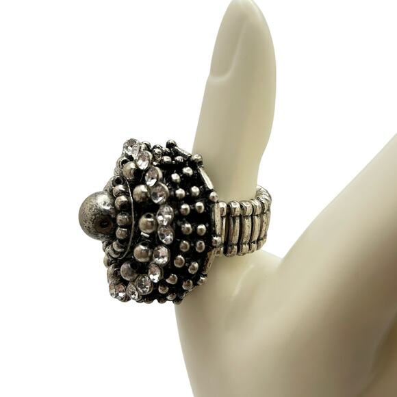Large Domed Statement Stretch Cocktail Ring Silver Tone with Clear Rhinestones - Picture 6 of 10